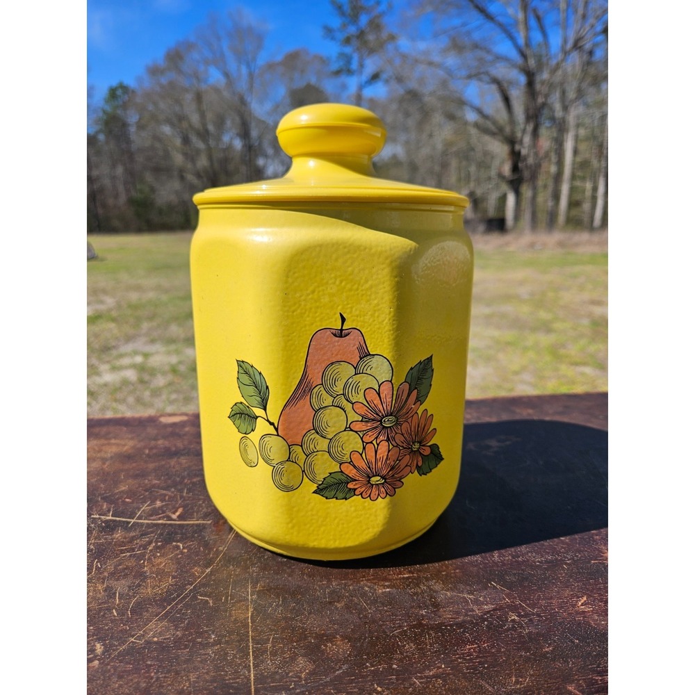 Vintage Yellow Fruit Floral Kitchen Canister Retro Pear Grapes Daisy Storage Jar